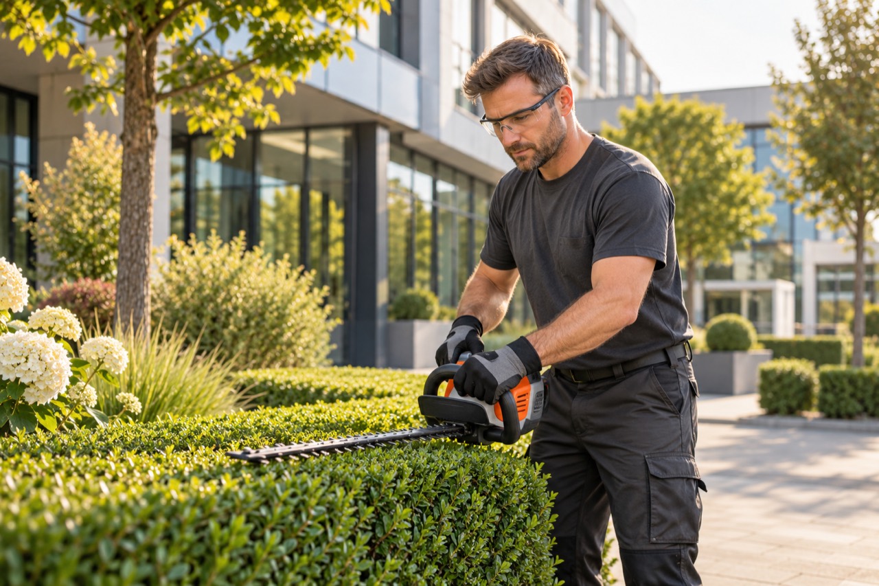 Mitarbeiter bei der Pflege einer Hecke
