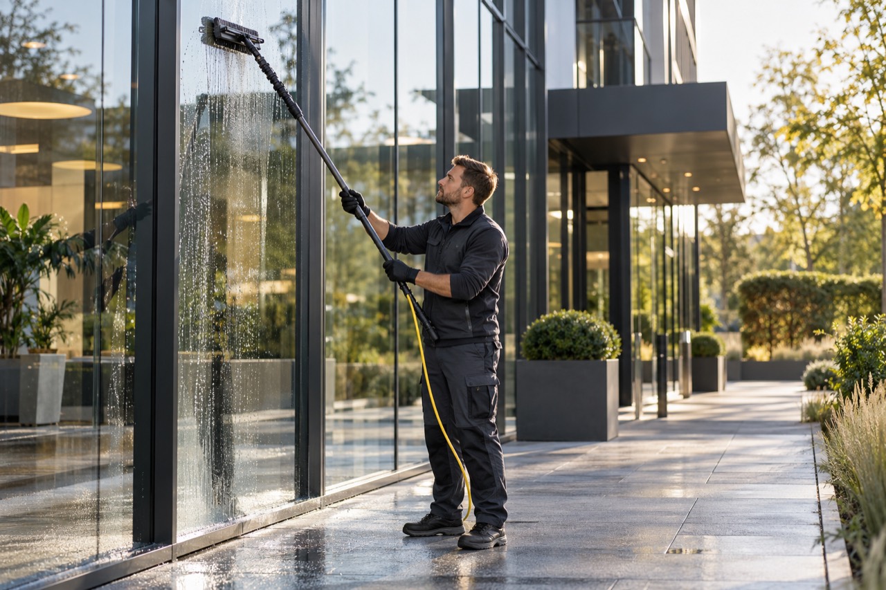 Mitarbeiter reinigt eine Glasfront an einem Gebäude