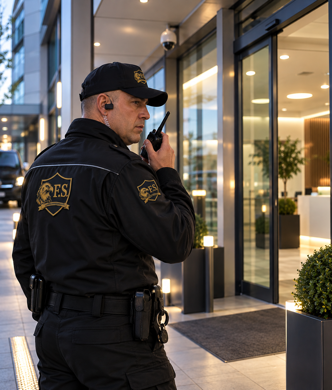 Sicherheitsmitarbeiter mit Funkgerät vor einem Gebäude