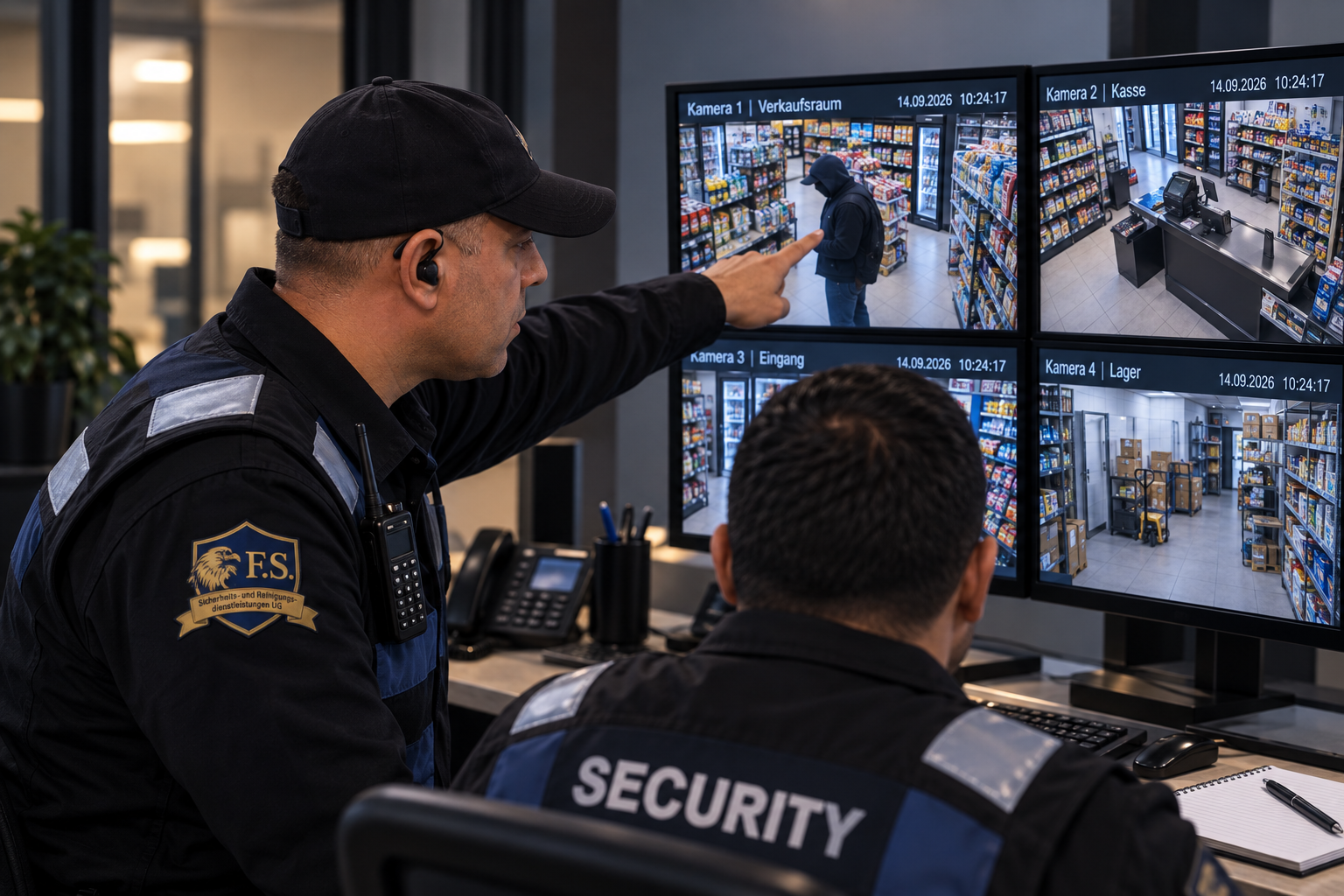 Sicherheitsmitarbeiter bei der Abstimmung vor Überwachungsmonitoren