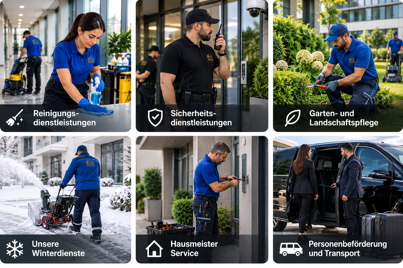 Sicherheitsmitarbeiter mit Funkgerät vor einem Gebäude