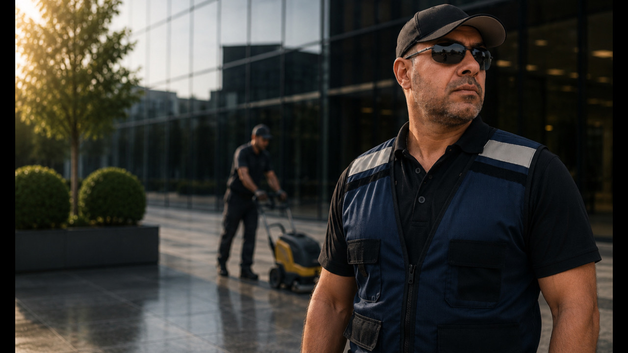 Mitarbeiter in Sicherheitskleidung vor einem Gebäude, im Hintergrund Reinigungsarbeiten
