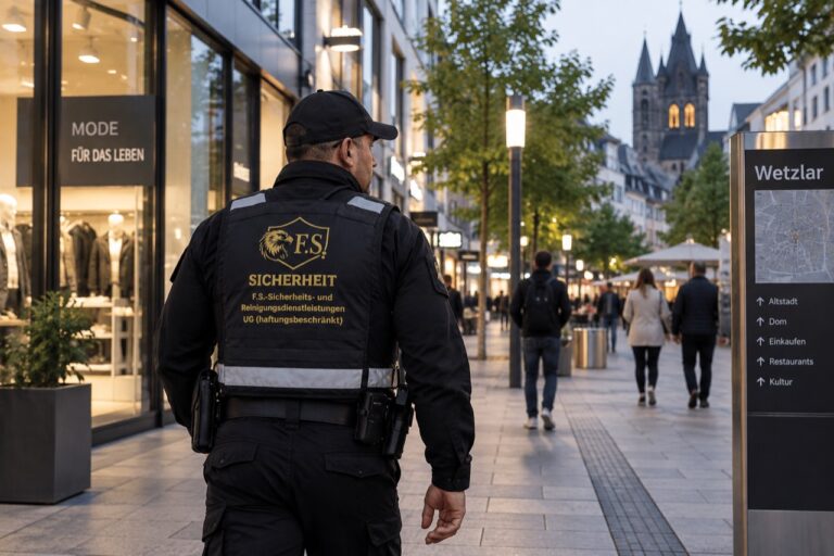 Illustration: F.S.-Streifendienst in einer Fußgängerzone mit Wetzlar-Schild
