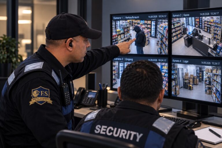Illustration: F.S.-Sicherheitsmitarbeiter bei der Beobachtung vorhandener Kamerabilder