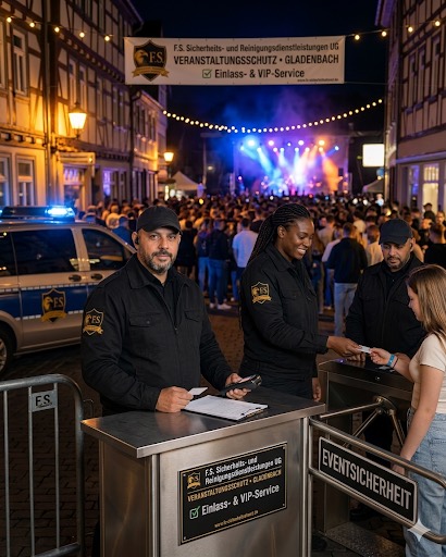 Illustration: F.S.-Sicherheitsteam bei der Einlasskontrolle einer Abendveranstaltung