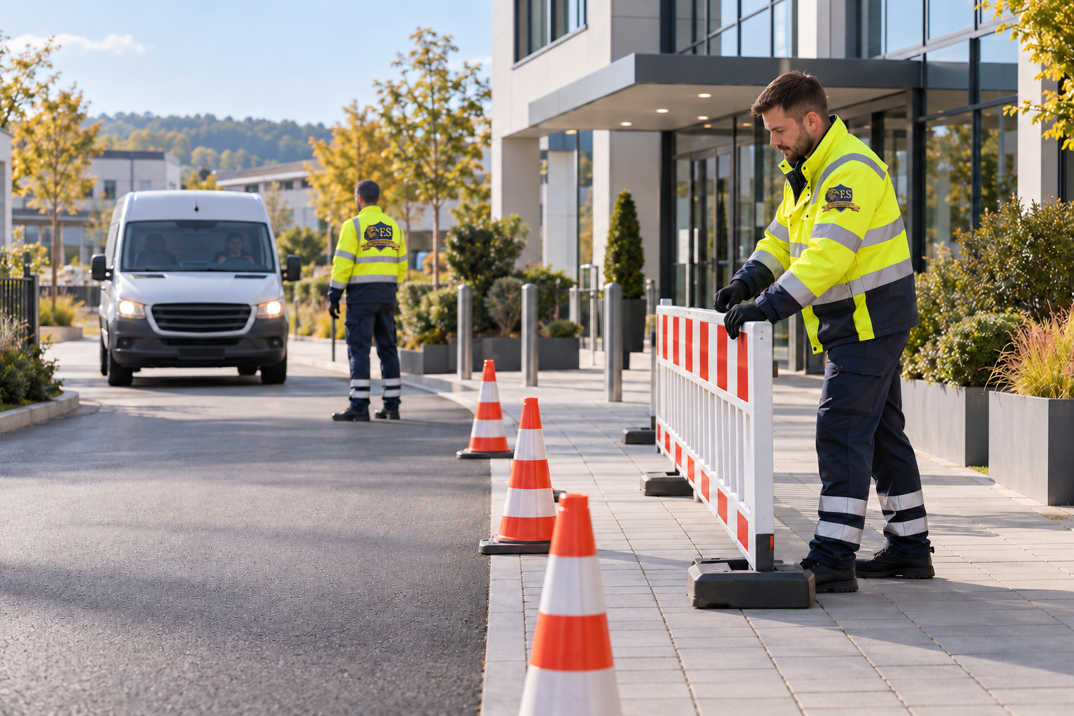 KI-generierte Illustration: Zwei Mitarbeiter in Warnkleidung sichern einen gewerblichen Zufahrtsbereich mit Leitkegeln und einer rot-weißen Absperrung.